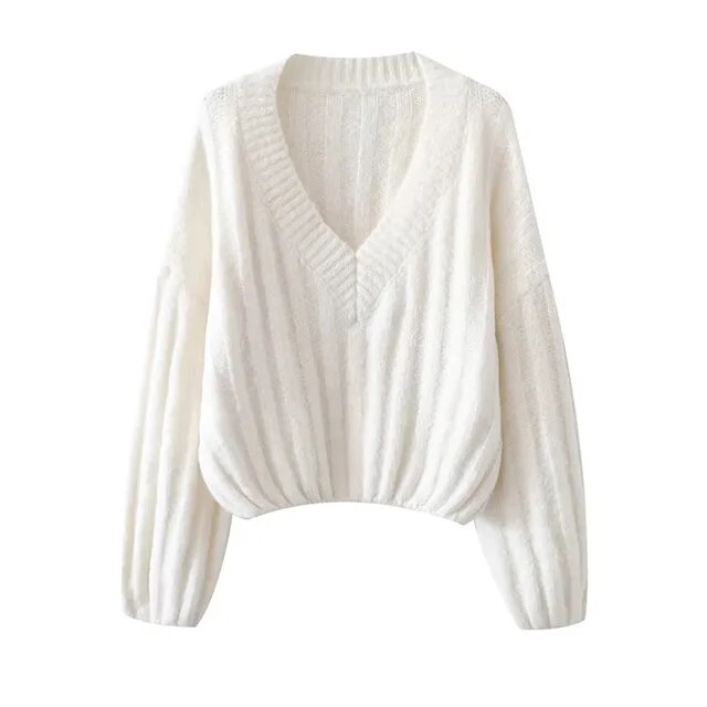 V-neck Lantern Long Sleeve Casual Sweater - runwayfashionista.com