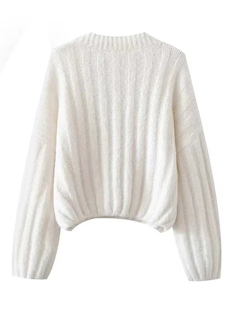 V-neck Lantern Long Sleeve Casual Sweater - runwayfashionista.com
