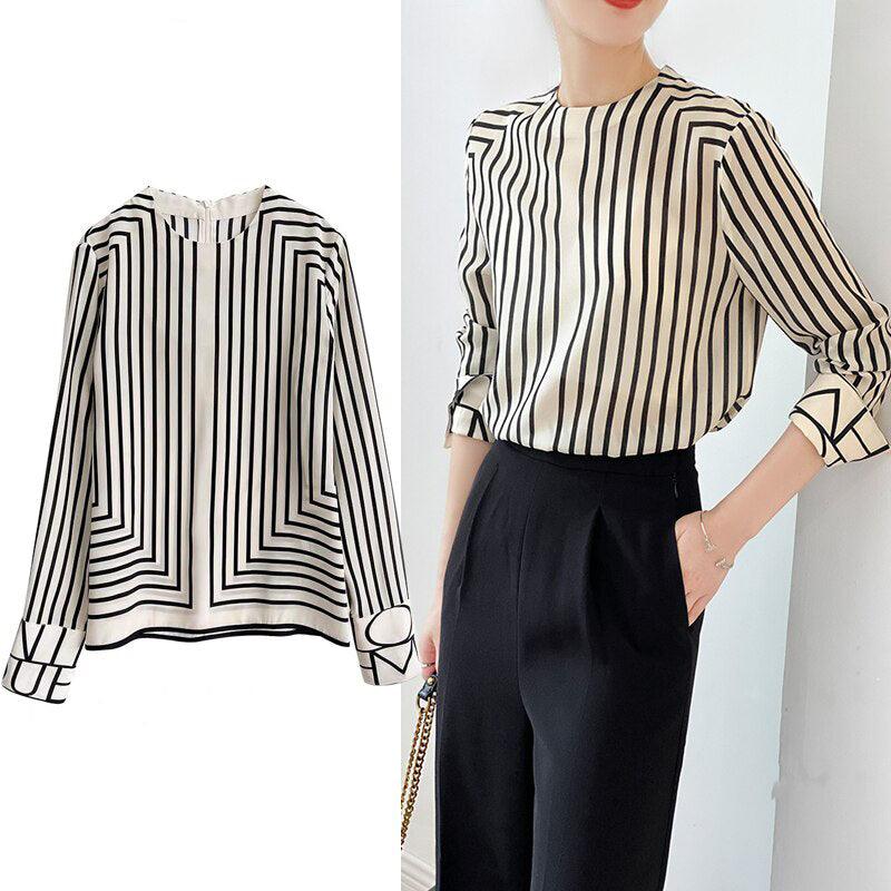 Striped O-Neck Full Sleeve Blouse - runwayfashionista.com