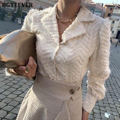 Elegant Notched Collar Tassels Blouses - runwayfashionista.com