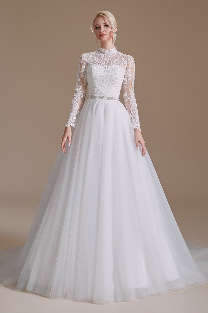 A Line Lace Appliques Long Sleeve Tulle Chapel Train Wedding Dresses ...