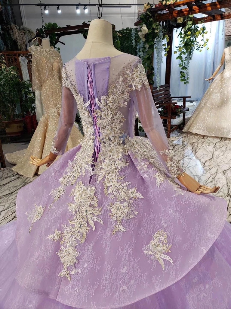 Stunning Long Sleeve Ball Gown Appliques Beading Lilac Quinceanera ...