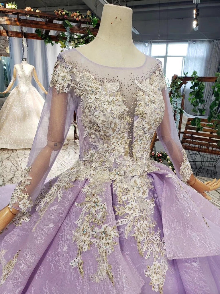 Stunning Long Sleeve Ball Gown Appliques Beading Lilac Quinceanera Dre ...