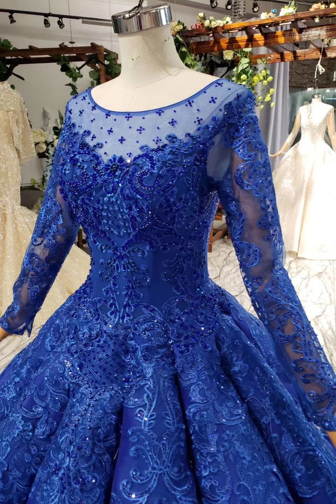 Royal Blue Long Sleeves Ball Gown Prom Dresses, Puffy Quinceanera Dress
