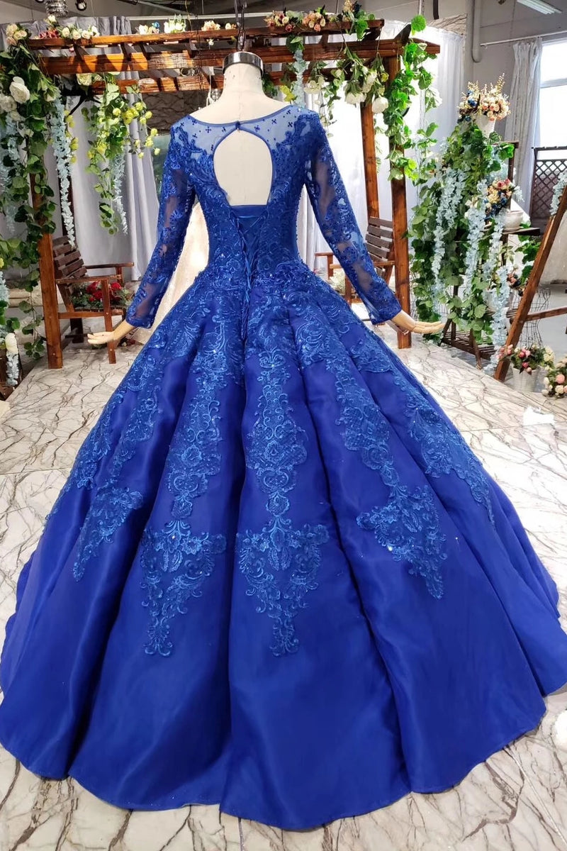 Puffy Royal Blue Long Sleeves Quince Ball Gown Prom Dress ...