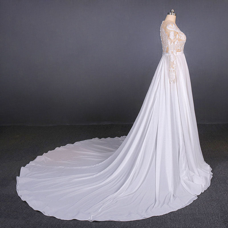 White Long Sleeves Chiffon Wedding Dress with Appliques, Gorgeous Long ...