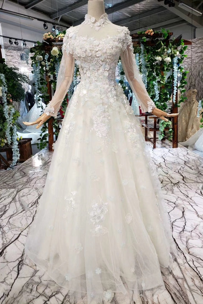A Line High Neck Wedding Dresses with Flowers, Long Sleeves Bridal