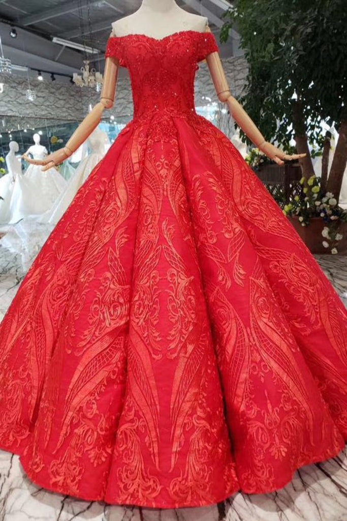 Red Off the Shoulder Puffy Prom Dress, Princess Dress with Lace ...