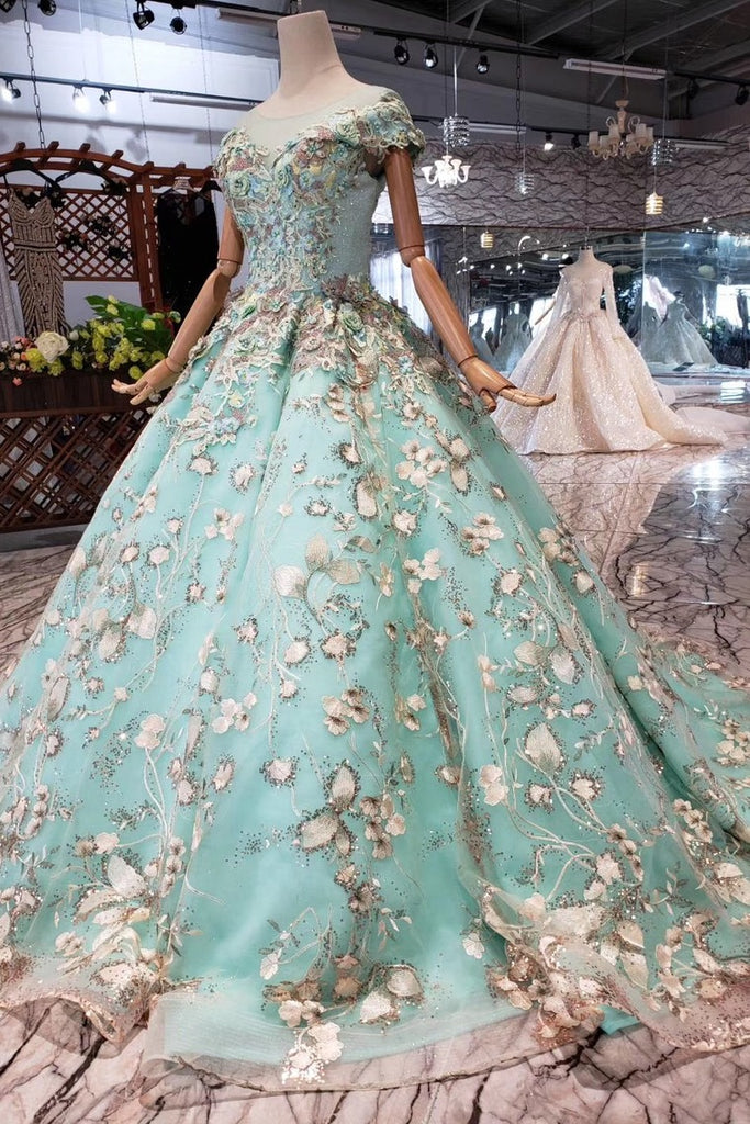 Big Sheer Neck Puffy Prom Dress with Cap Sleeves, Fairy Tale Lace Dress ...