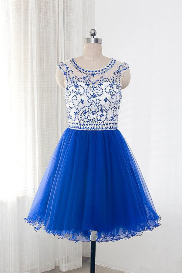 Royal Blue Tulle Sleeveless Homecoming/Prom Dresses With Beading ...