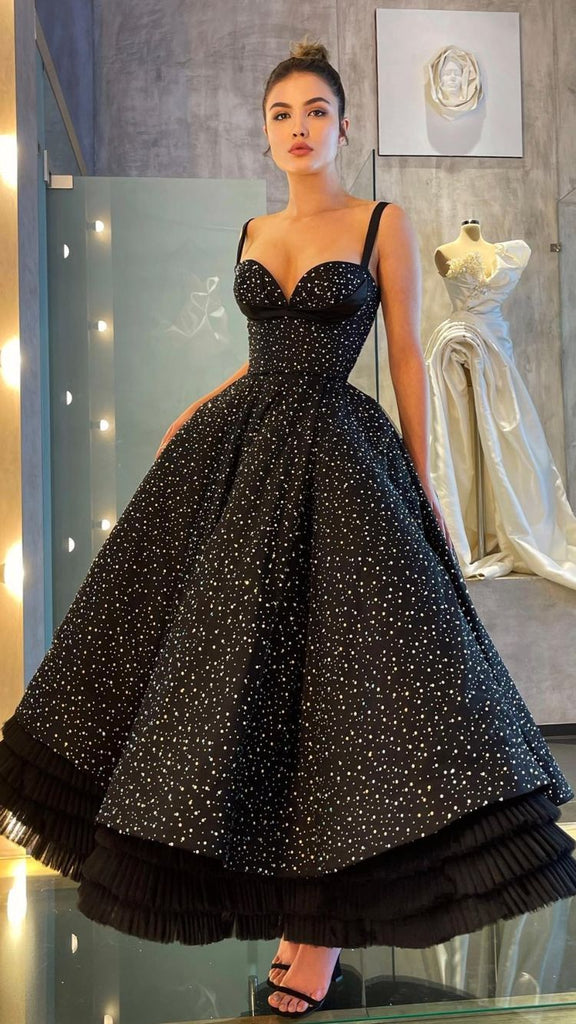 A Line Black Ankle Length Evening Dresses Ruffles Prom Dress ...