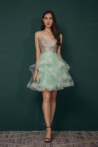 Pretty Spagehetti Straps Beading Tulle Short Cute Prom Dresses Homecoming Dress Y341036