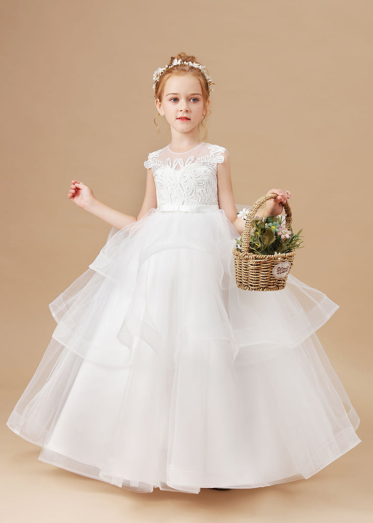 Ivory Multi-layered Tulle Ruffled Satin Flower Girl Dresses With Bow ...