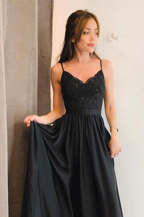 Black Spaghetti Straps V Neck Split Prom Dress With Lace High Split