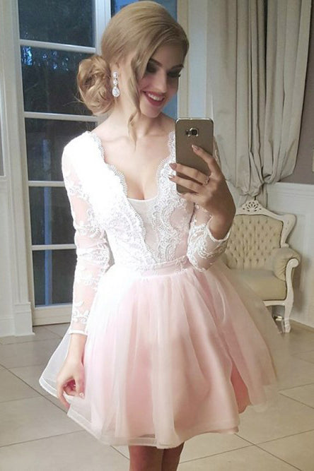 A-Line V-Neck Low Cut Lace Tulle Pink Homecoming Party Dress with Long ...