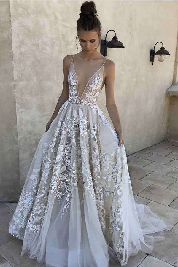 A line deep v neck prom dress