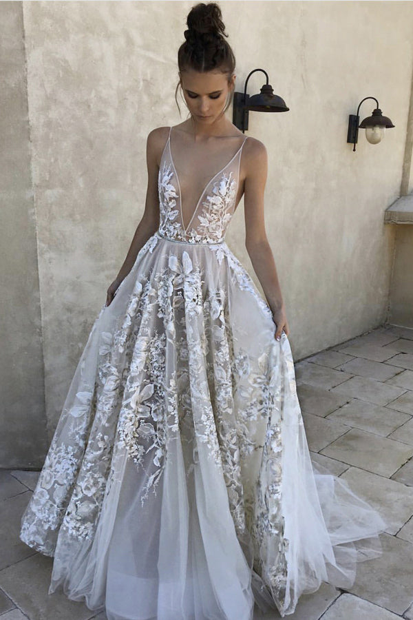 Sexy A Line V-Neck Ivory Tulle Long Prom Dress with Appliques V-Back ...