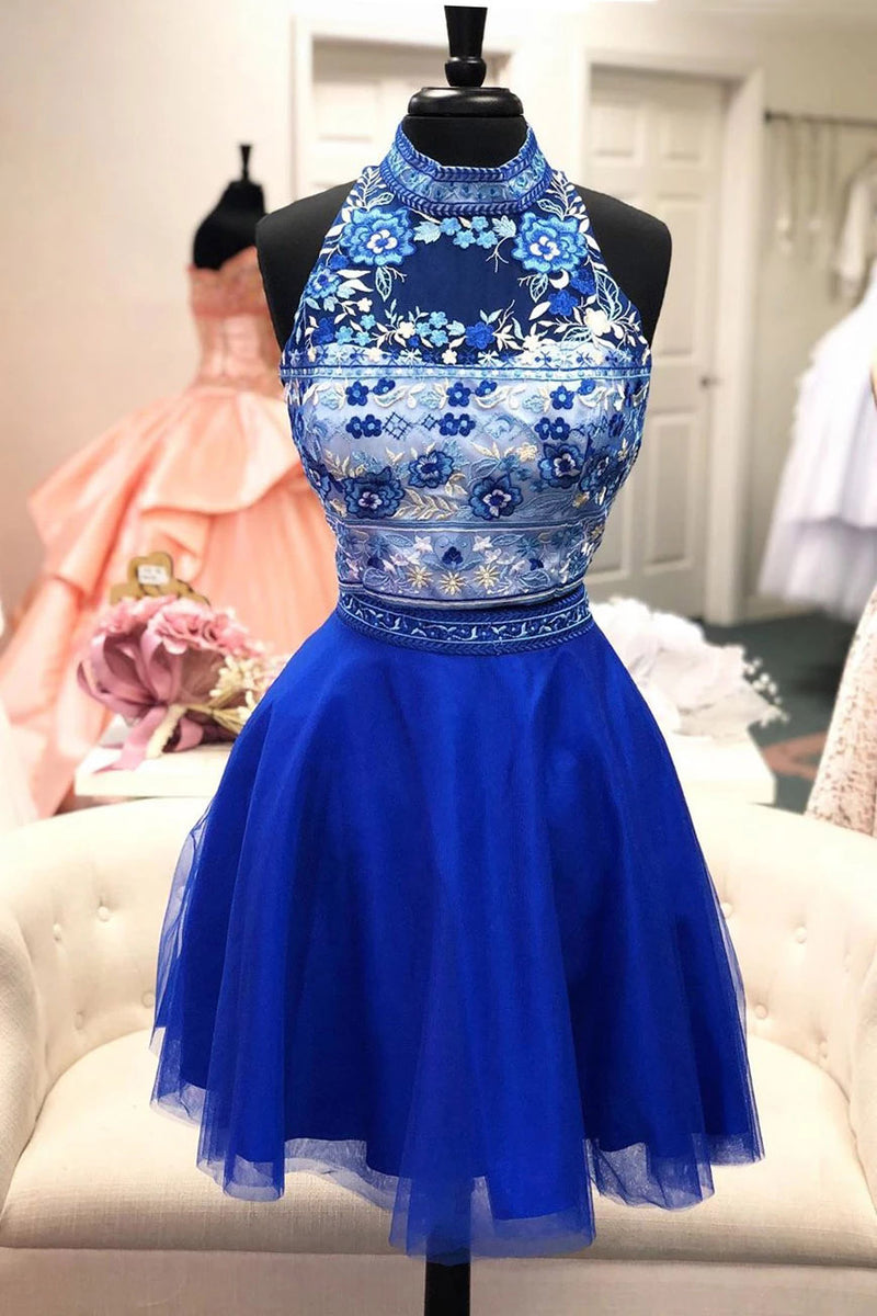 Two Piece High Neck Royal Blue Sleeveless Tulle Homecoming Dresses wit ...
