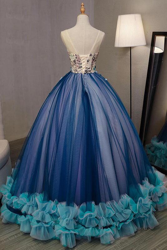 Blue Ball Gown V-Neck Sleeveless Appliqued Tulle Prom Dresses Hot Quin ...