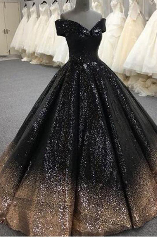 Off The Shoulder Black Ball Gown Sequins Prom Dresses Simibridaldresses