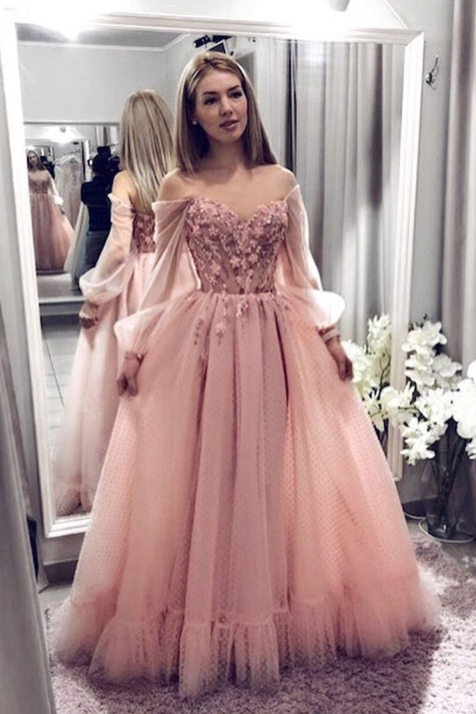 Blush Pink Prom Dresses With Long Sleeves, A Line Elegant Evening Dres