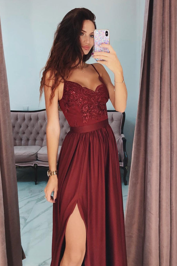 Burgundy Lace VNeck Long Prom Dress, Spaghetti Strap Split Formal