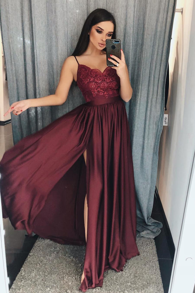 Burgundy Lace V Neck Long Prom Dress Spaghetti Strap Split Formal Dresses N1485 Simibridaldresses 8580