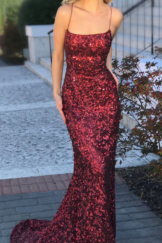 Spaghetti Straps Burgundy Mermaid Backless Sparkly Sequins Prom Dress Simibridaldresses 4843