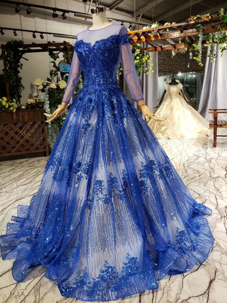 Gorgeous Long Sleeve Sheer Neck Tulle Blue Applique Ball Gown Prom ...