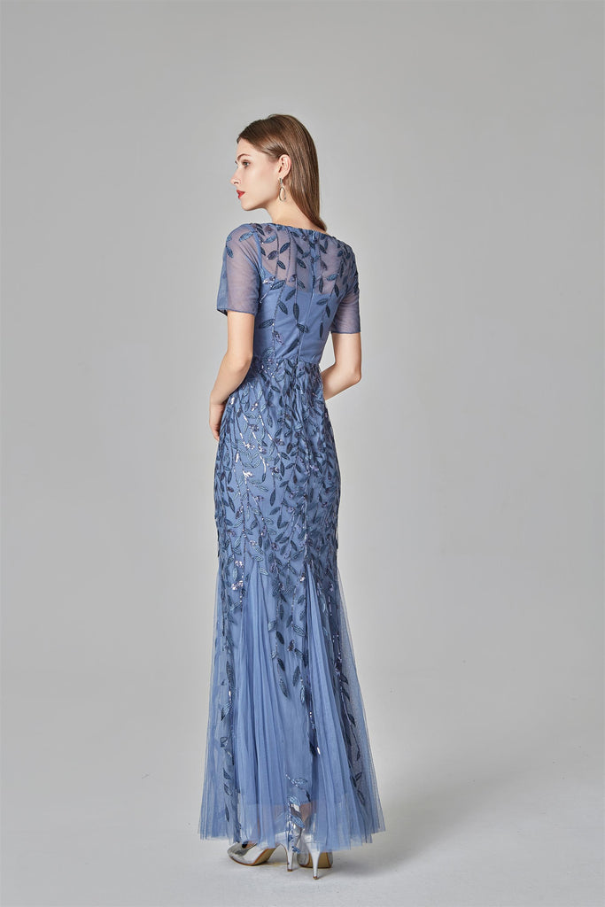 Elegant Short Sleeves Zipper Back Sequin Lace Long Prom Dresses ...