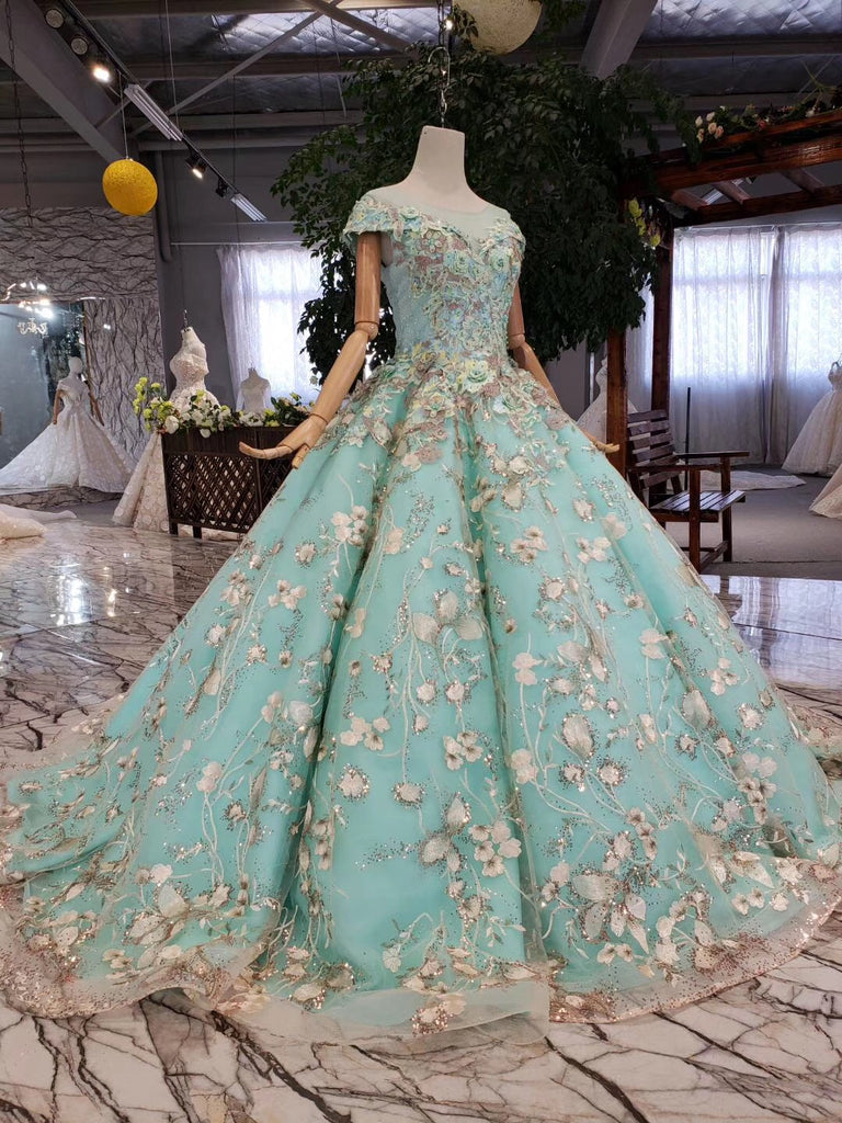 Big Sheer Neck Puffy Prom Dress with Cap Sleeves, Fairy Tale Lace Dress ...