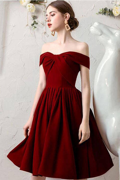 Burgundy Off the Shoulder Pleated Homecoming Dress, Knee Length ...