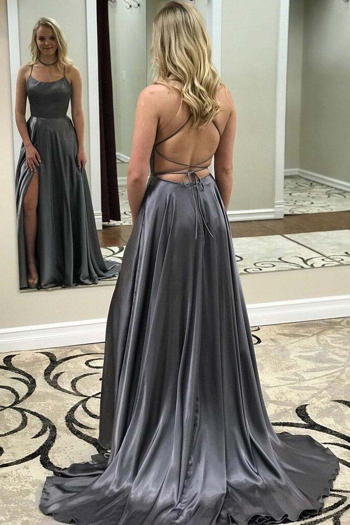 Royal Blue Spaghetti Straps Side Slit Criss Cross Back Prom Dresses