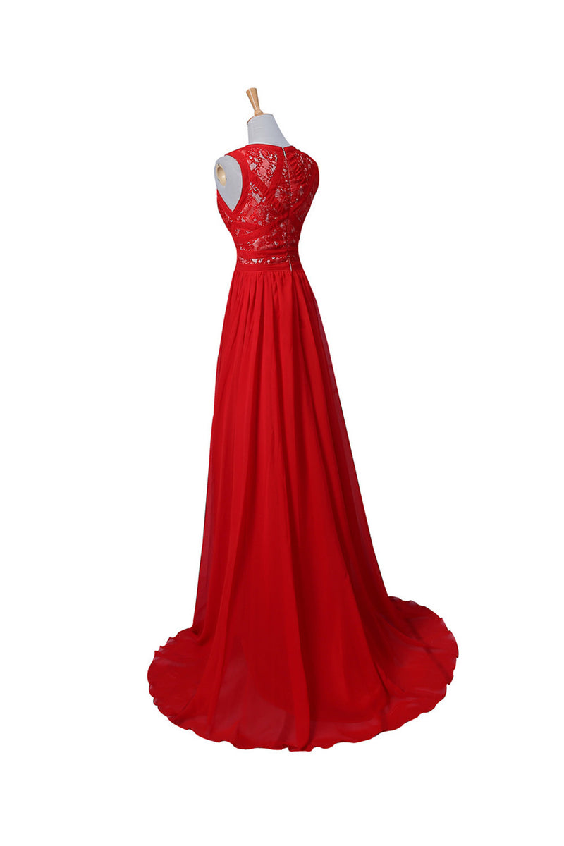 Red Lace Chiffon Beaded Long Prom Dress – Simibridaldresses