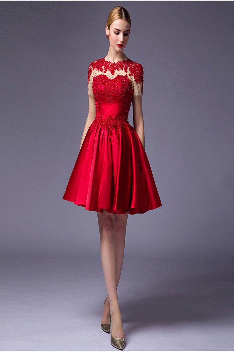 Cap Sleeves Beaded Red Lace Homecoming Cocktail Dresses – Simibridaldresses