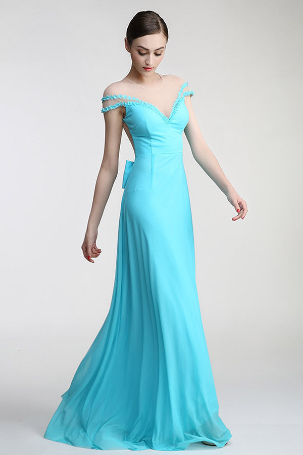 Light Sky Blue Long Deep V-Neck Prom Party Dresses – Simibridaldresses