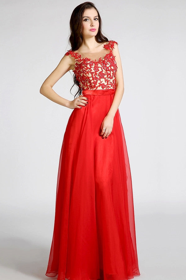 Red Sheer Neck Sleeveless Open Back Lace Appliques Beaded Prom Dresses ...