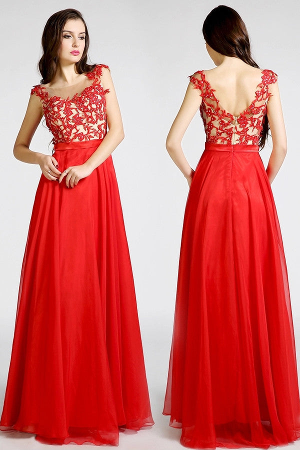 Red Sheer Neck Sleeveless Open Back Lace Appliques Beaded Prom Dresses ...