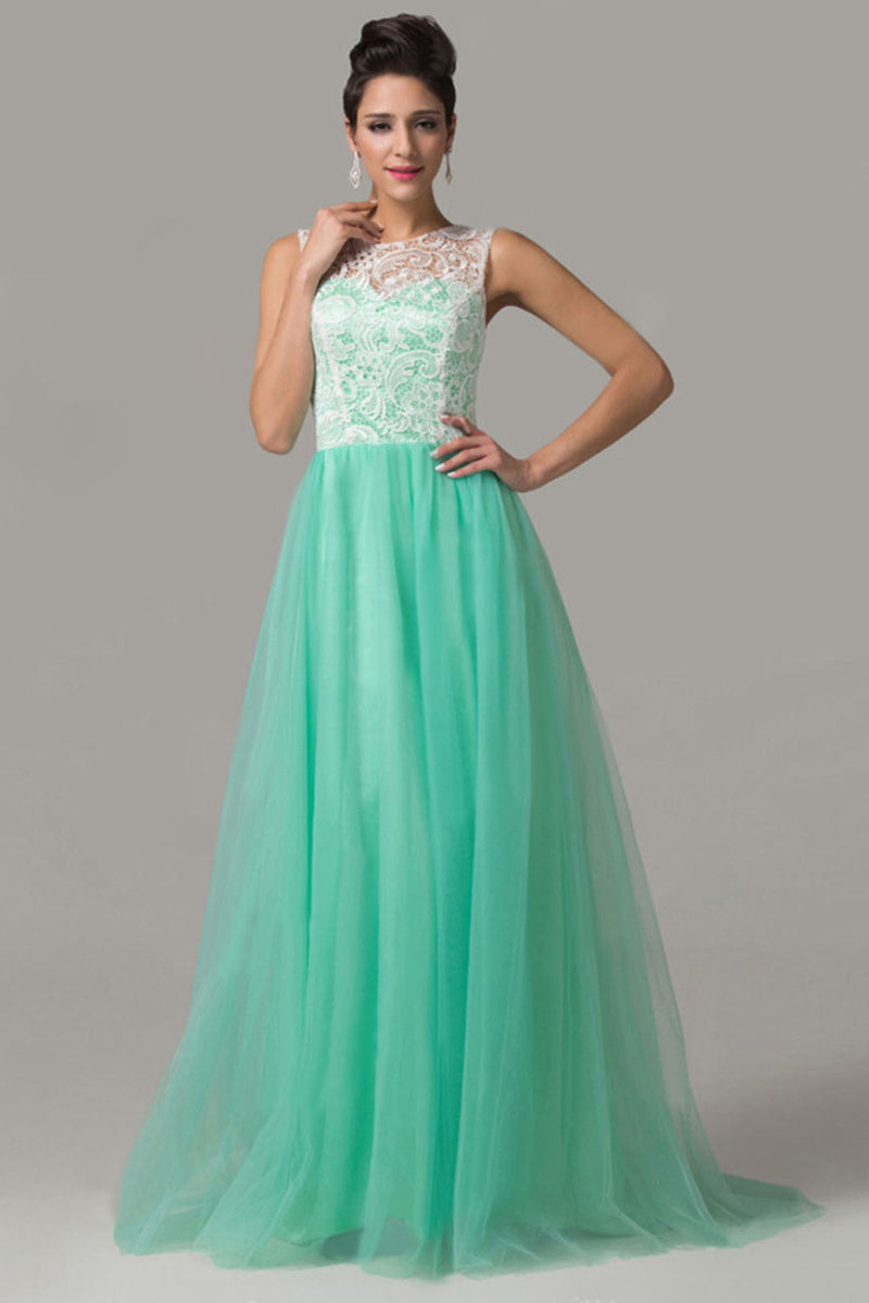 Cap Sleeves Mint Green Lace Long Prom Dresses – Simibridaldresses