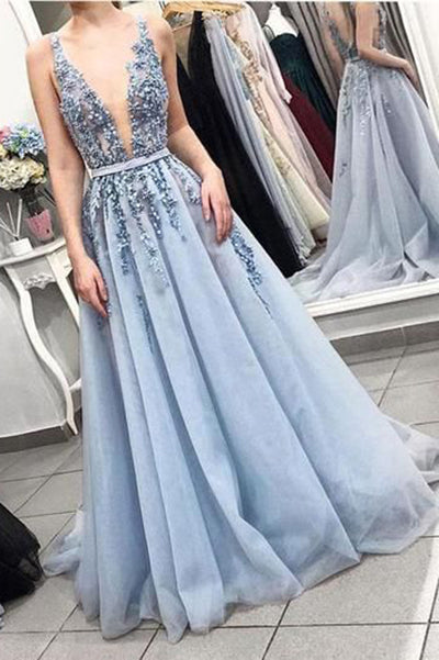 Blue V Neck Tulle Beading Long Prom Dress, Gorgeous Backless Long ...