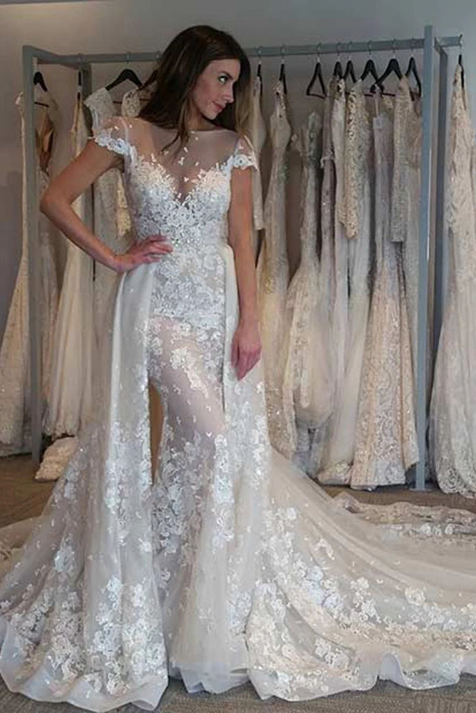 sheer cap sleeve wedding dress