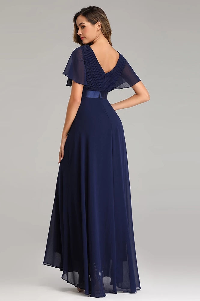 Flowy Chiffon Dark Navy Blue Prom Dresses V Neck Short Sleeve Long ...