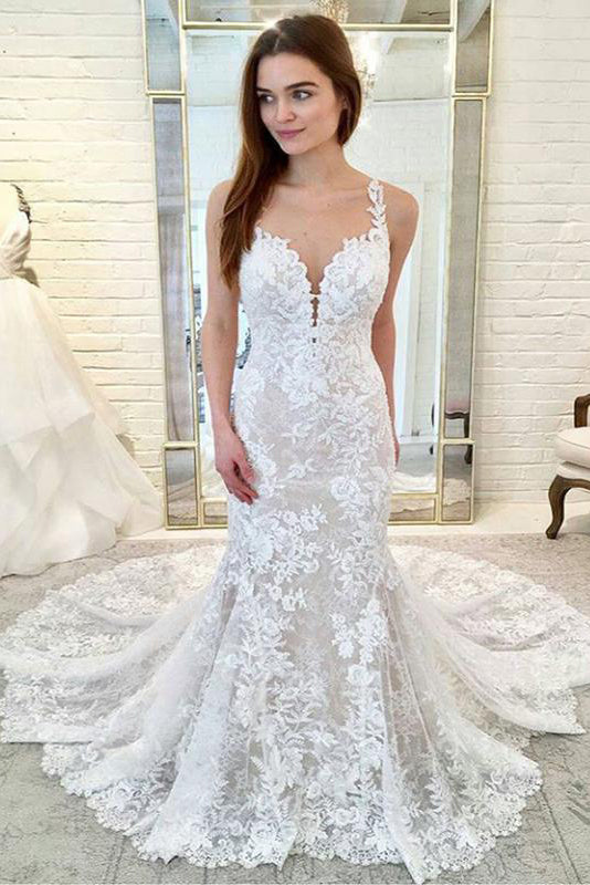 Gorgeous Straps Mermaid Train Lace Wedding Dresses, Lace Bridal Dresses ...