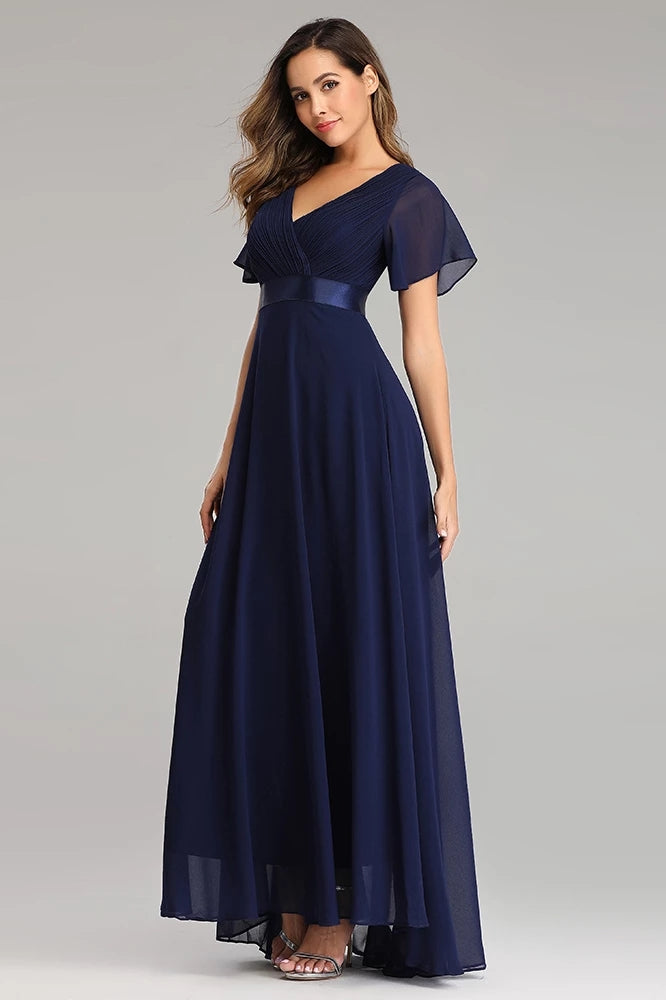 Flowy Chiffon Dark Navy Blue Prom Dresses V Neck Short Sleeve Long ...