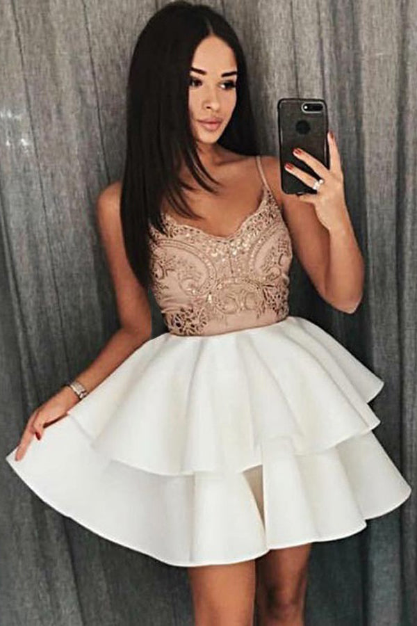 A Line Cheap Spaghetti Strap Ivory Tiered Homecoming Dress with ...