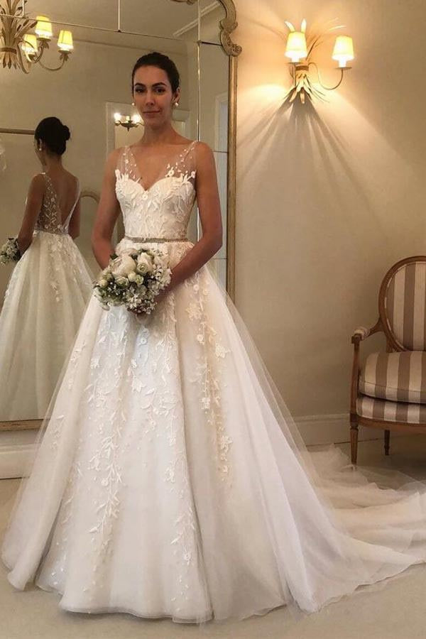 Romantic V Neck Beach Wedding Dress with Lace Appliques, A Line Bridal