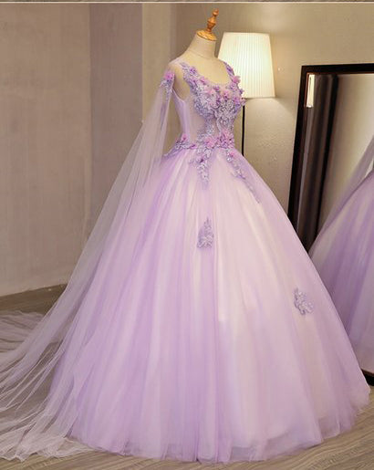 Unique Lilac Tulle Long Ball Gown Evening Dress with Flowers, Puffy ...