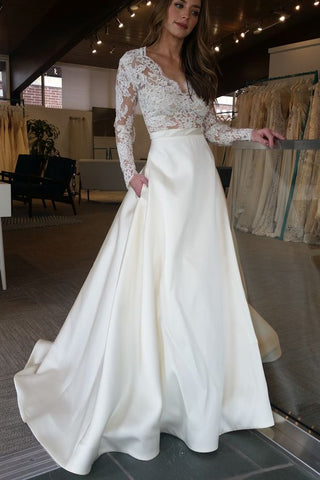 long satin dress ivory sleeves elegant lace wedding sweep train sleeve