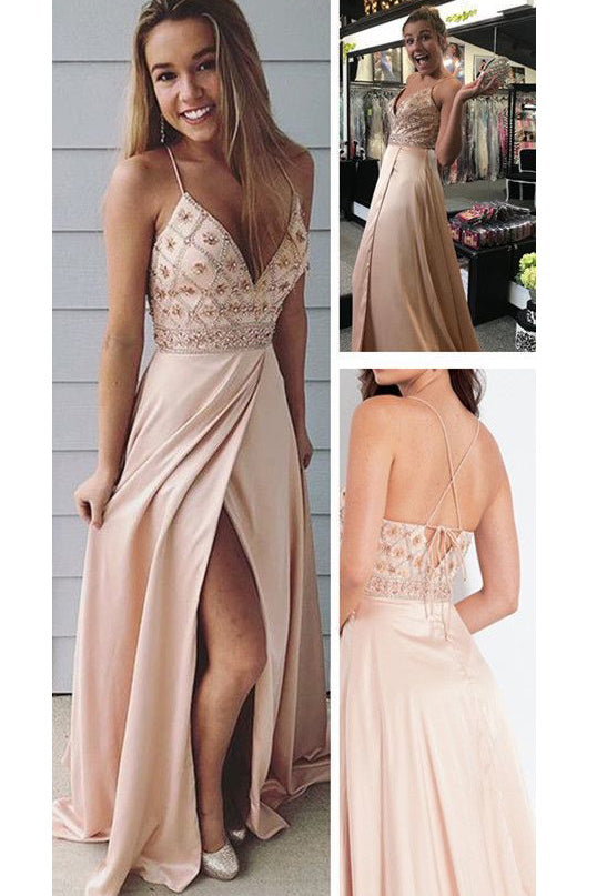 Spaghetti Straps V-Neck Slit Prom Dress with Beading Beaded Prom Gown ...