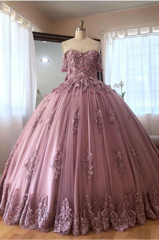 Gorgeous Off the Shoulder Lace Appliques Tulle Quinceanera Puffy Ball ...